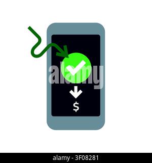 Ein Smartphone-Symbol für mobile Zahlungen, das eine erfolgreiche Transaktion mit einem grünen Häkchen anzeigt und digitale Finanz- und Secure Banking-Technologie darstellt. Stock Vektor
