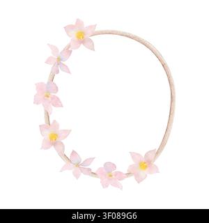 Aquarell-blumiger ovaler Rahmen mit zarten rosa Blüten, isoliert auf Weiß. Handgemalte botanische Bordüre für Hochzeitseinladungen, Grußkarten Stockfoto