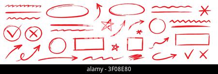 Linie Pfeil Hand gezeichneter Buntstift Set. Handgezeichnete Linie Pfeil Kreide Farbe rot Pinsel Textur unterstreichen. Check Doodle Star Kurve Squiggle Zickzack Graffiti Tafel Hintergrund. Vektorabbildung Stock Vektor