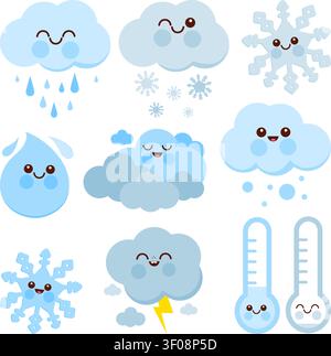 Niedliche Wetter- und Meteorologie-Symbole. Wintersaison Schnee Cartoon Wolken mit Schneeflocken und Thermometern am Himmel. Schnee-, Regen- und Sturmfiguren. Stock Vektor
