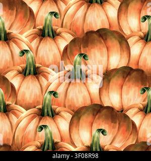 Aquarell nahtloses Muster reife Kürbisse, Herbstblätter. Wiederholter Hintergrund orangefarbene Früchte. Handgemalte Illustration für Herbsternte-Design Stockfoto