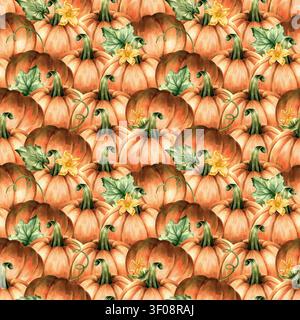 Aquarell nahtloses Muster reife Kürbisse, Herbstblätter. Wiederholter Hintergrund orangefarbene Früchte. Handgemalte Illustration für Herbsternte-Design Stockfoto