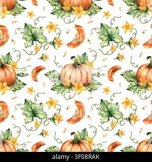 Aquarell reife Kürbisse nahtloses Muster, herbstlicher isolierter Hintergrund. Wiederholte orangefarbene Früchte, Blätter und Blüte. Handgemalte Illustration für den Herbst Stockfoto