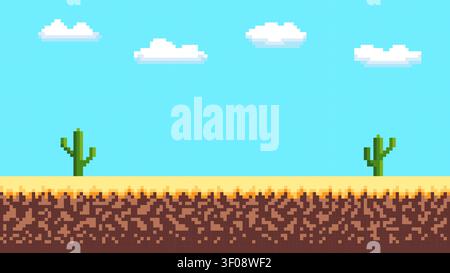 Pixel Art Wüstenlandschaft mit Kakteen Sand blauem Himmel und Wolken Retro-Spiel Hintergrund. Stock Vektor