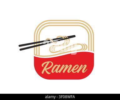 Ramen-Symbol, Nudeln auf Essstäbchen aus roter Schüssel Stock Vektor