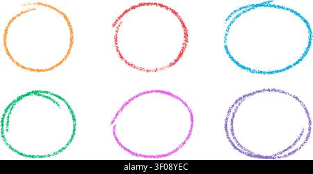Handgezeichnete Kreidekreide Set. Kreidebleistift-ovale. Farbige Hervorhebungslinien, Kreisrahmen. Ellipsen im Kreide-Doodle-Stil. Konstruktionselement. Vektor Stock Vektor