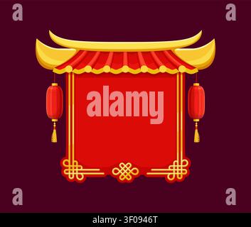 Asiatischer Rahmen mit chinesischem Tempeltor Dach oder japanischer Pagode, Vektor-Design-Element. Asiatisches Haus Dachrahmen und orientalischer Bogen des japanischen Schreins mit Papierlaternen und Glücksknoten Dekoration Stock Vektor