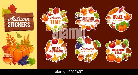 Rahmenaufkleber für die Herbstsaison mit Zeichentrickblättern, Erntefrüchten und Gemüse, Eicheln und Pilzrändern. Herbstkranzrahmen mit Kastanien-, Ahorn- und Eichenblättern, Kürbis, Apfel und Weizen Stock Vektor