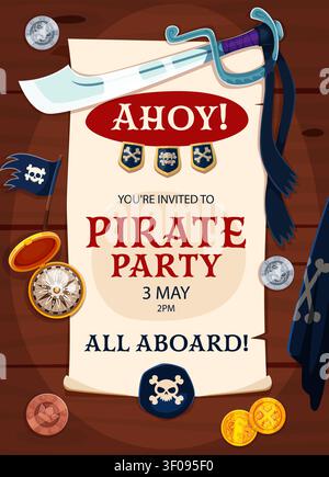 Kinder Piraten Party Flyer mit alter Papierrolle und Korsairenfahne. Cartoon Karibik Karneval oder Piratenparty Poster mit Korsaarschwert, Schatzmünzen und Kompass für Kindergeburtstage Stock Vektor