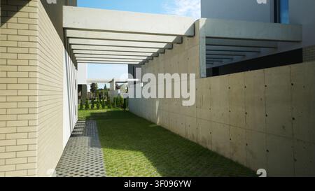 Moderne Architektur etabliert einen strukturierten Weg mit Betonträgern, Rasenpflastersteinen und starken Schatten an einem sonnigen Tag Stockfoto
