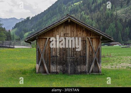 friedlicher Holzschuppen in ländlicher Landschaft mit Bergen und Grasfeld seitlich gesehen, ruhige Landschaftsszene mit grünen und braunen Tönen, natürliche Umgebung Stockfoto