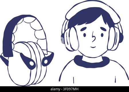 Faltbare Kinderkopfhörer und Set mit Jungen-Charakteren. Kompaktes, gefaltetes Headset für Kinder und ruhiges Hören von Musik. Isolierter Blauer Handgezeichneter Doodle. Ve Stock Vektor