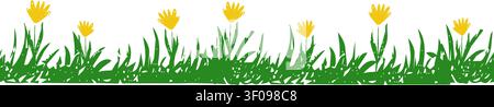 Kindliche Kinder zeichnen Blumenränder mit Gras, Blumenkreide oder Kreide. Frühling Sommer gelbe Pflanzen, Wiese nahtlose Ornamente. Vektorabbildung Stock Vektor