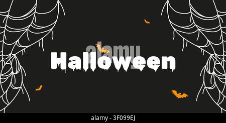 Gruseliges Halloween-Design mit tropfendem weißen Schriftzug, Spinnweben und fliegenden Fledermäusen auf dunklem Hintergrund Stock Vektor