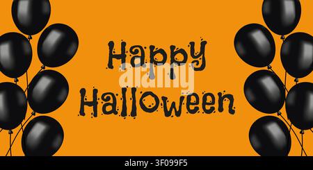 Leuchtend orangefarbener Halloween-Gruß mit schwarzen Ballons und gruseligem Happy Halloween-Text, festliches saisonales Design für Poster Stock Vektor