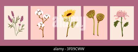 Wildblumen-Botanische Sammlung mit Lavendel, Kamille, Sonnenblume und Wiesenblumen, handgezeichnete Blumenillustration im Vintage-Herbar-Stil Stock Vektor