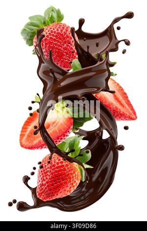 Lassen Sie sich von der visuellen Pracht reifer, saftiger Erdbeeren verzaubern, die sich inmitten eines üppigen, wirbelnden Stroms dunkler Schokolade tummeln. Dieses fesselnde Bild zeigt Stockfoto