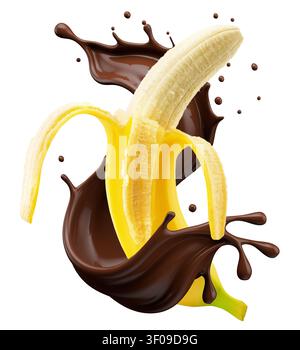 Banane mit Schokoladenspritzer isoliert auf weißem Hintergrund. Stockfoto