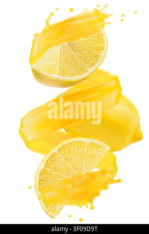 Zitronenscheiben mit Saftspritzern isoliert auf weißem Hintergrund. Stockfoto