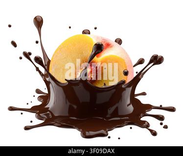 Schokoladenspritzer mit Pfirsich isoliert auf weißem Hintergrund. Stockfoto
