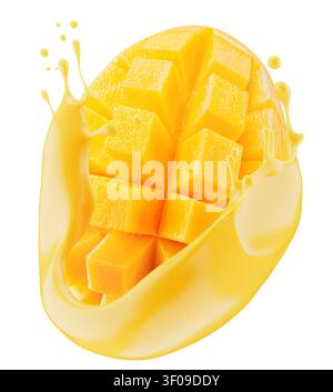 Mangofrucht mit Saftspritzer isoliert auf weißem Hintergrund. Stockfoto