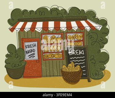 Gemütliche Bäckerei Storefront flache Illustration mit frischem Brot, handwerklichem Gebäck, gestreiftem Markise, Korb, Menübrett und dekorativen Pflanzen für Bäckerei Marke Stock Vektor