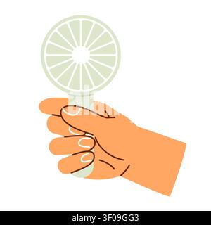 Hand mit einem tragbaren Lüfterventilator, Kühlung, Lüftung, Klimaregelung, Luftzirkulation, HLK-Systeme und tragbare Kühllösungen – ve Stock Vektor