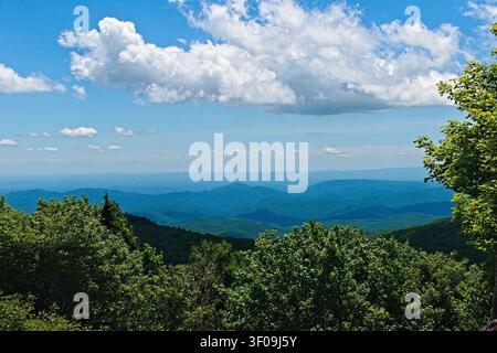 Ein atemberaubender Blick auf die blauen Berge entfaltet sich unter einem weiten Himmel, der von dramatischen Wolken erfüllt ist, eingerahmt von üppigen grünen Bäumen. Stockfoto