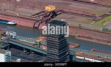 Aus der Vogelperspektive des Kokerei Schwelgern Kokerei mit seiner hohen Struktur, industriellen Förderanlagen und Lastkähnen entlang des Kanals in Duisburg, Stockfoto