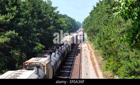 Eine Hochwinkelaufnahme zeigt zwei lange Güterzüge, die Tankwagen und Güterwagen transportieren und sich auf parallelen Gleisen durch einen dichten grünen Wald kreuzen. Stockfoto