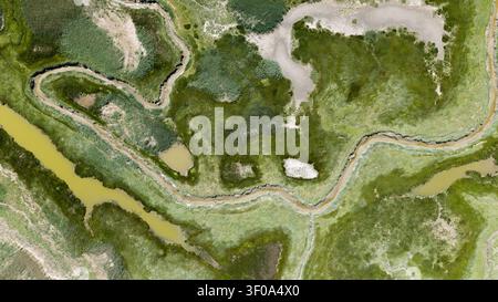 Blick aus der Vogelperspektive auf das Het Verdronken Land van Saeftinghe, ein ausgedehntes Gezeitenmoor und Brackwasserreservat in Zeeland nahe der Westerschelde-Mündung. Stockfoto