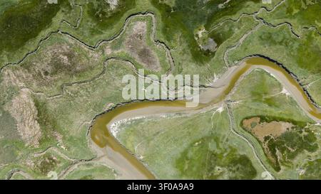 Blick aus der Vogelperspektive auf das Het Verdronken Land van Saeftinghe, ein ausgedehntes Gezeitenmoor und Brackwasserreservat in Zeeland nahe der Westerschelde-Mündung. Stockfoto