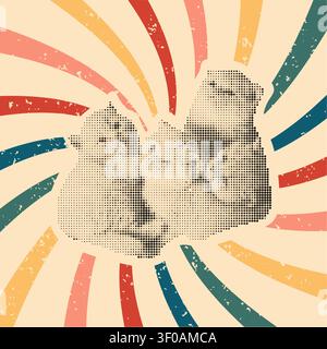 Halbtonkatzen auf Retro Groovy Grunge Hintergrund Stock Vektor