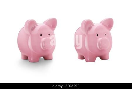 Zwei Bilder eines rosa Schweine-Sparschweins, Investmentbank, vorne schräg Ansicht, eines mit Schatten und eines ohne, isoliert vor weißem Hintergrund. Stockfoto