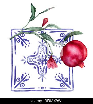 Granatapfelfrucht Aquarellillustration und Keramikfliesen. Blaues Element im mediterranen Stil auf isoliertem Hintergrund für die Kücheneinrichtung Stockfoto