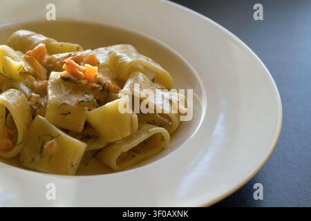 Nahaufnahme von Calamarata-Pasta mit Lachsstücken, frischem Dill und cremiger Sauce auf einem cremefarbenen Teller mit breitem Rand auf einer dunkelgrauen Oberfläche, seitliches Licht Stockfoto