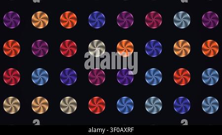 Ein Muster aus farbenfrohen Kreisen, die in einem Raster auf einem dunklen Hintergrund angeordnet sind. Jeder Kreis verfügt über ein eigenes Spiraldesign mit verschiedenen Farbtönen. Stockfoto