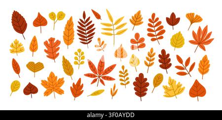 Sturzblatt. Bunte Blätter im Herbst. Einfaches Doodle warmes Rot, Gelb, Orange Laub. Würzen Sie Waldbäume und Buschblätter. Flach dekorativ Natur Stock Vektor