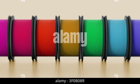 Filamente des 3D-Druckers isoliert auf warmem Hintergrund. 3D-Abbildung. Stockfoto