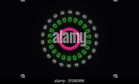 Ein kreisförmiges Muster zeigt lebendige Neonfarben, darunter Grün, Rosa und Weiß, vor einem dunklen Hintergrund. Das Design erzeugt einen auffälligen visuellen Kontrast Stockfoto
