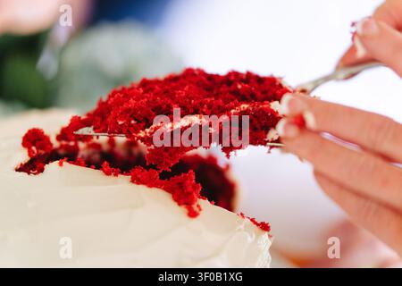 Servieren eines Stücks Red-Velvet-Kuchen auf einer Hochzeit Stockfoto