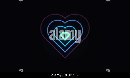 Eine Anordnung konzentrischer Herzformen in Neonfarben auf einem dunklen Hintergrund. Das Design zeigt mehrere Schichten mit verschiedenen Blautönen Stockfoto