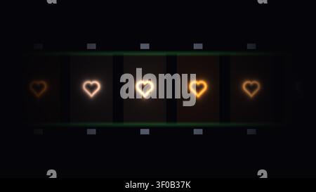 Diese Szene zeigt leuchtende Herzen, die in einer Reihe auf einem dunklen Hintergrund angeordnet sind. Die Herzen strahlen verschiedene Lichtfarben aus und erzeugen eine warme Atmosphäre. Stockfoto