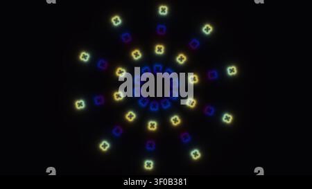 Dieses Design zeigt eine farbenfrohe Anordnung geometrischer Formen in einem kreisförmigen Muster vor einem dunklen Hintergrund. Die Formen erzeugen einen visuellen Rhythmus und Stockfoto