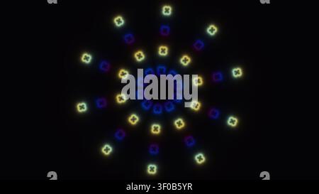 Dieses Design zeigt eine farbenfrohe Anordnung geometrischer Formen in einem kreisförmigen Muster vor einem dunklen Hintergrund. Die Formen erzeugen einen visuellen Rhythmus und Stockfoto