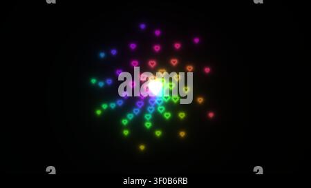 Helle Herzformen strahlen von einem zentralen Dreieck in verschiedenen Farben vor einem dunklen Hintergrund aus. Das Design erzeugt eine auffällige visuelle Darstellung wit Stockfoto