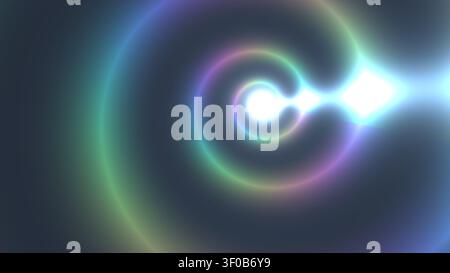 Diese Aufnahme zeigt ein wirbelndes Lichtmuster in verschiedenen Farben auf einem dunklen Hintergrund, das einen lebendigen visuellen Effekt erzeugt. Das Design zeigt Kreise an Stockfoto