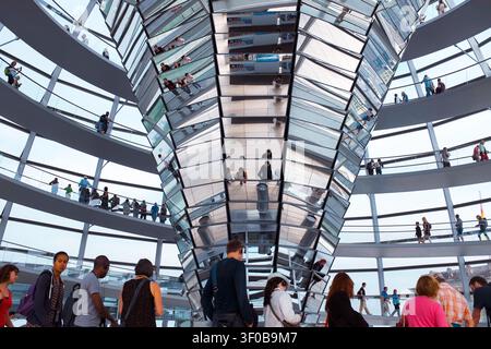 Berlin, Deutschland: Touristen gehen auf mehreren Ebenen der Wendeltreppe um die zentrale verspiegelte Lichtkegelstruktur im Glasdom des Reichstagsgebäudes Stockfoto