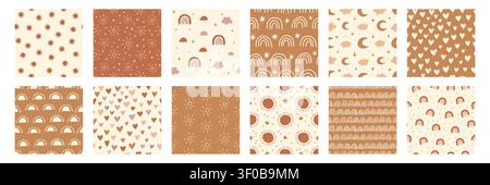 Boho Baby nahtloses Muster mit Regenbogen, Sonnen, Herzen, Monden, Wolken und Sternen in warmen neutralen Beige- und Rosa-Tönen. Abstrakte Hintergründe für Gewebe, Tapeten, Verpackungen und Textilien. Stock Vektor