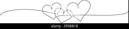 Kontinuierliche Linienzeichnung von drei verbundenen Herzen, Romantik, Hochzeit oder Valentinstag Konzepte, minimalistische Linie Kunst Vektor Illustration Stock Vektor
